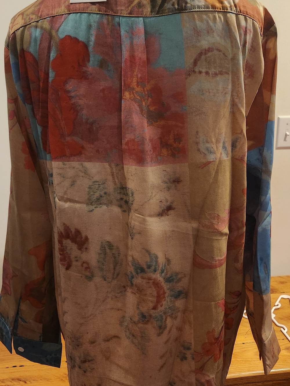 Painterly Floral Button-Down Blouse in Tan and Blue - Picture 3 of 3